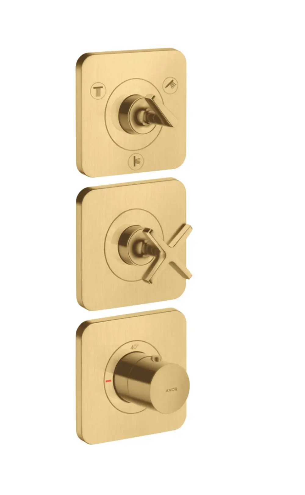 Thermostatmodul für Wandmontage mit drei Steuerelementen in brushed gold, hergestellt von AXOR, zur Regelung von wasserführenden Verbrauchern im Badezimmer.